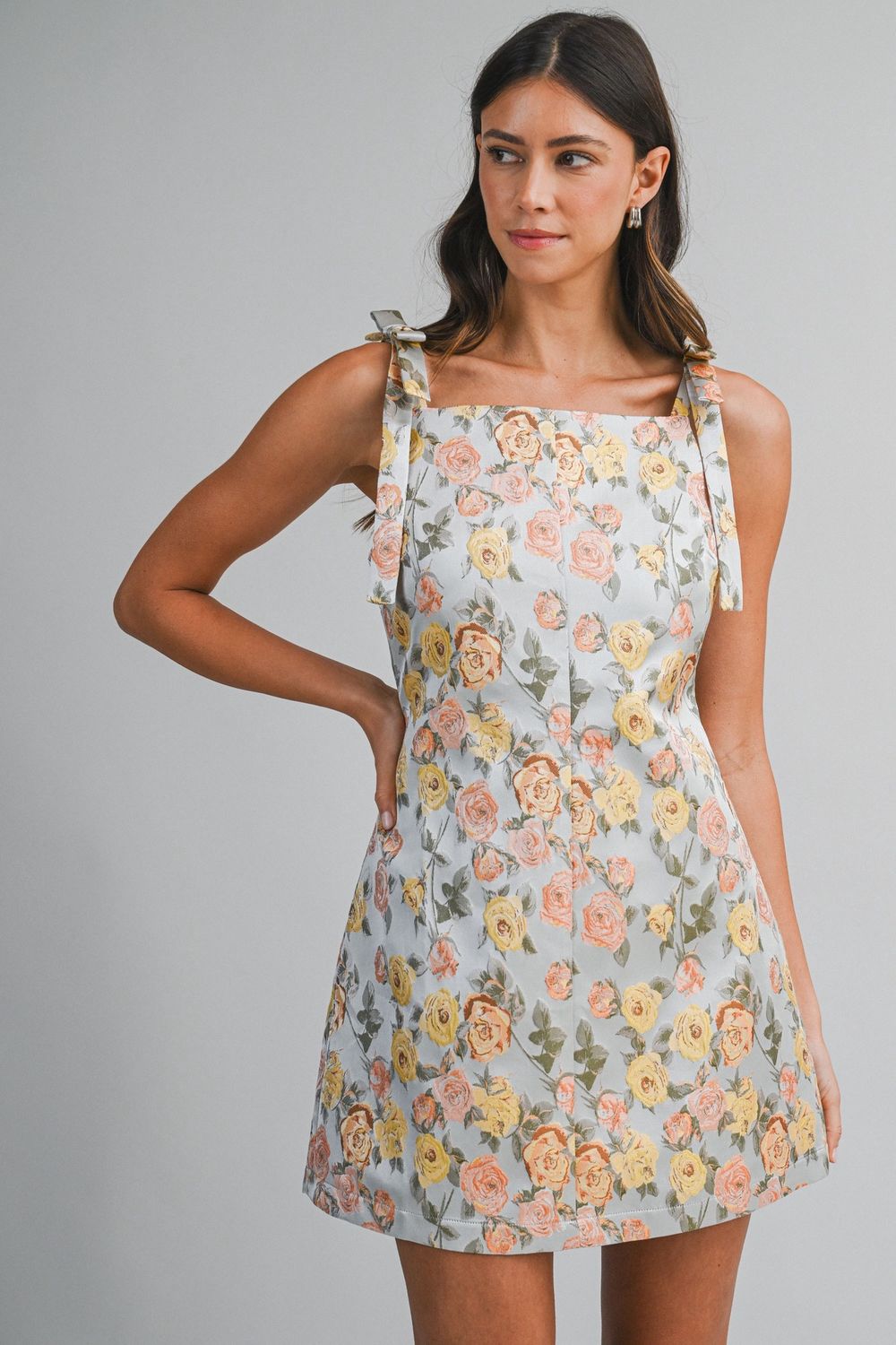 Floral Jacquard Mini Dress W/ Bow Detail - Dusty Blue
