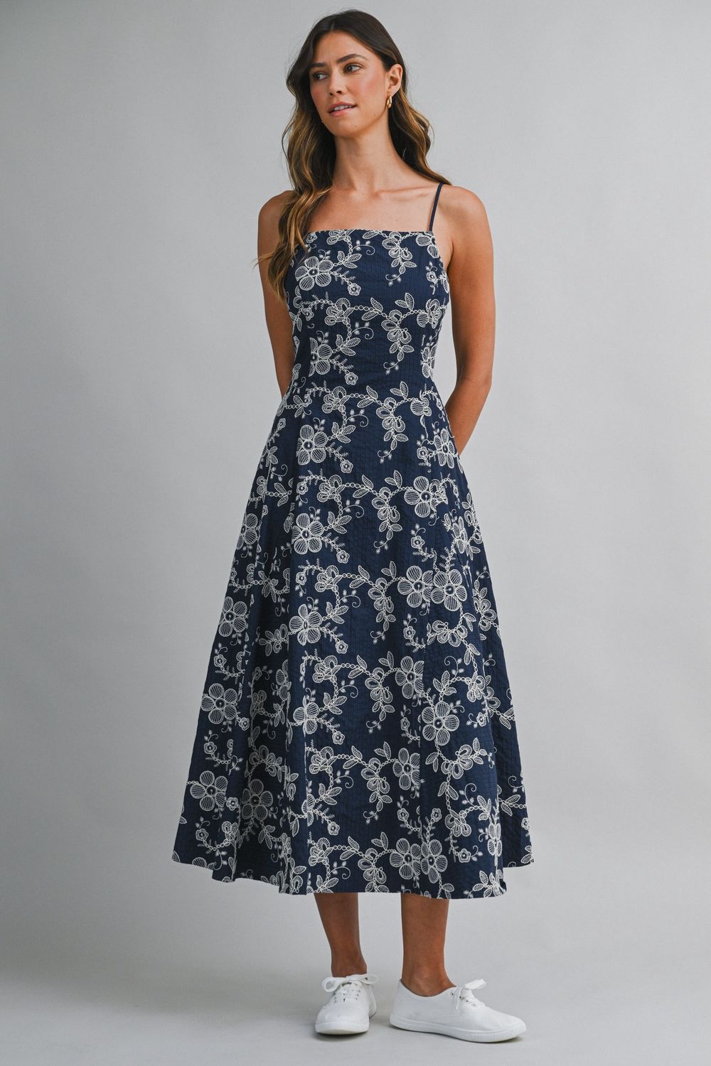 Embroidered Detail Midi Dress - Navy
