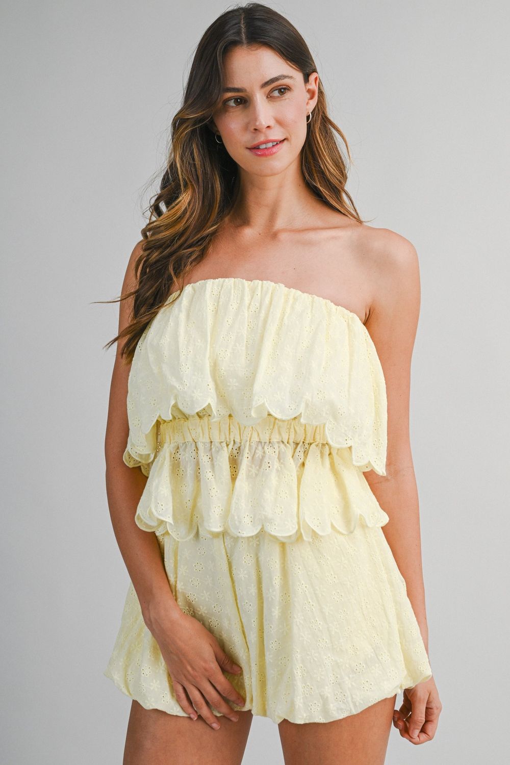 Floral Eyelet Strapless Top &amp; Bubble Short Set - Yellow