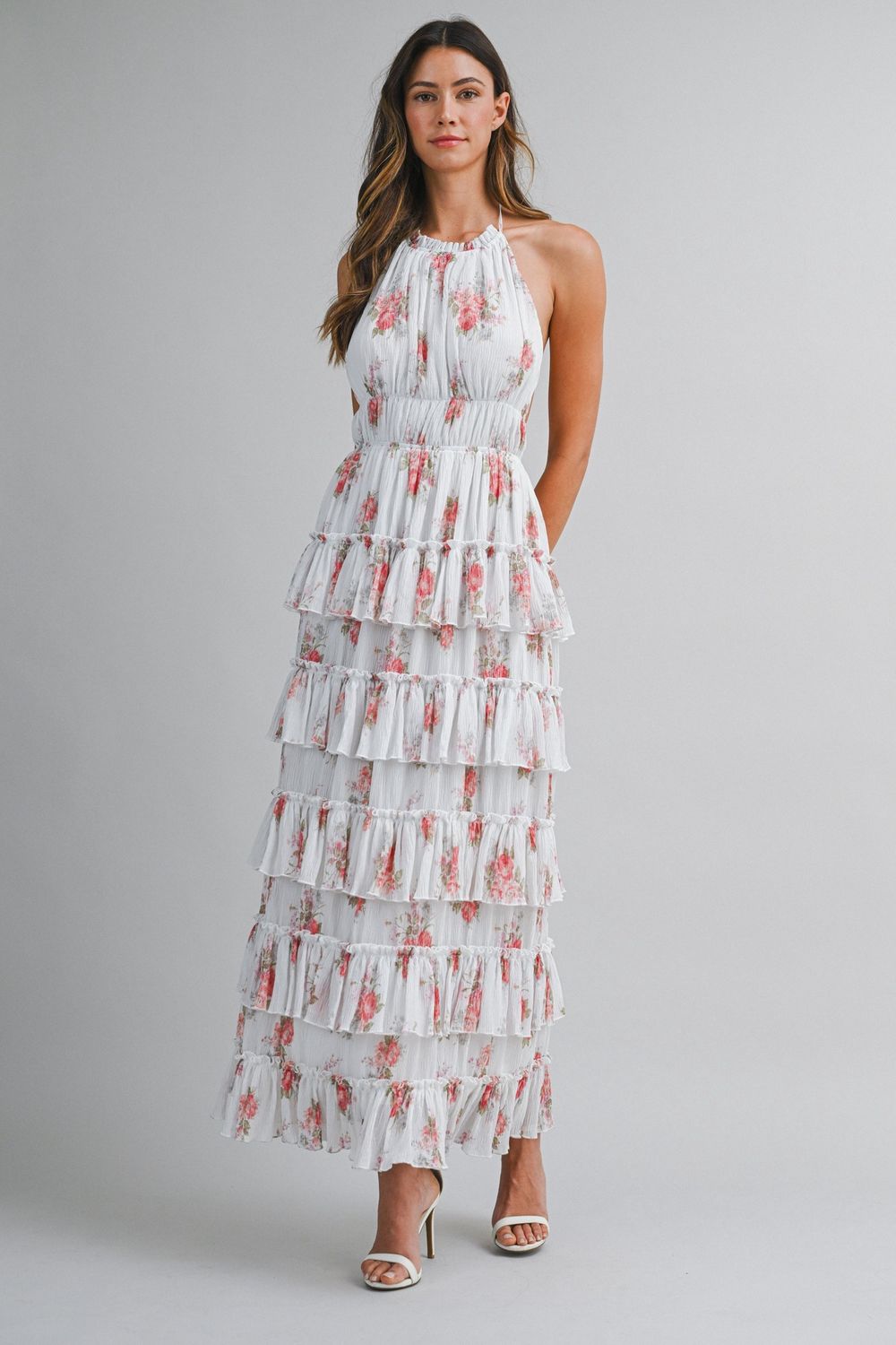 Floral Print Pleated Ruffle Midi Dress - Rose Multi