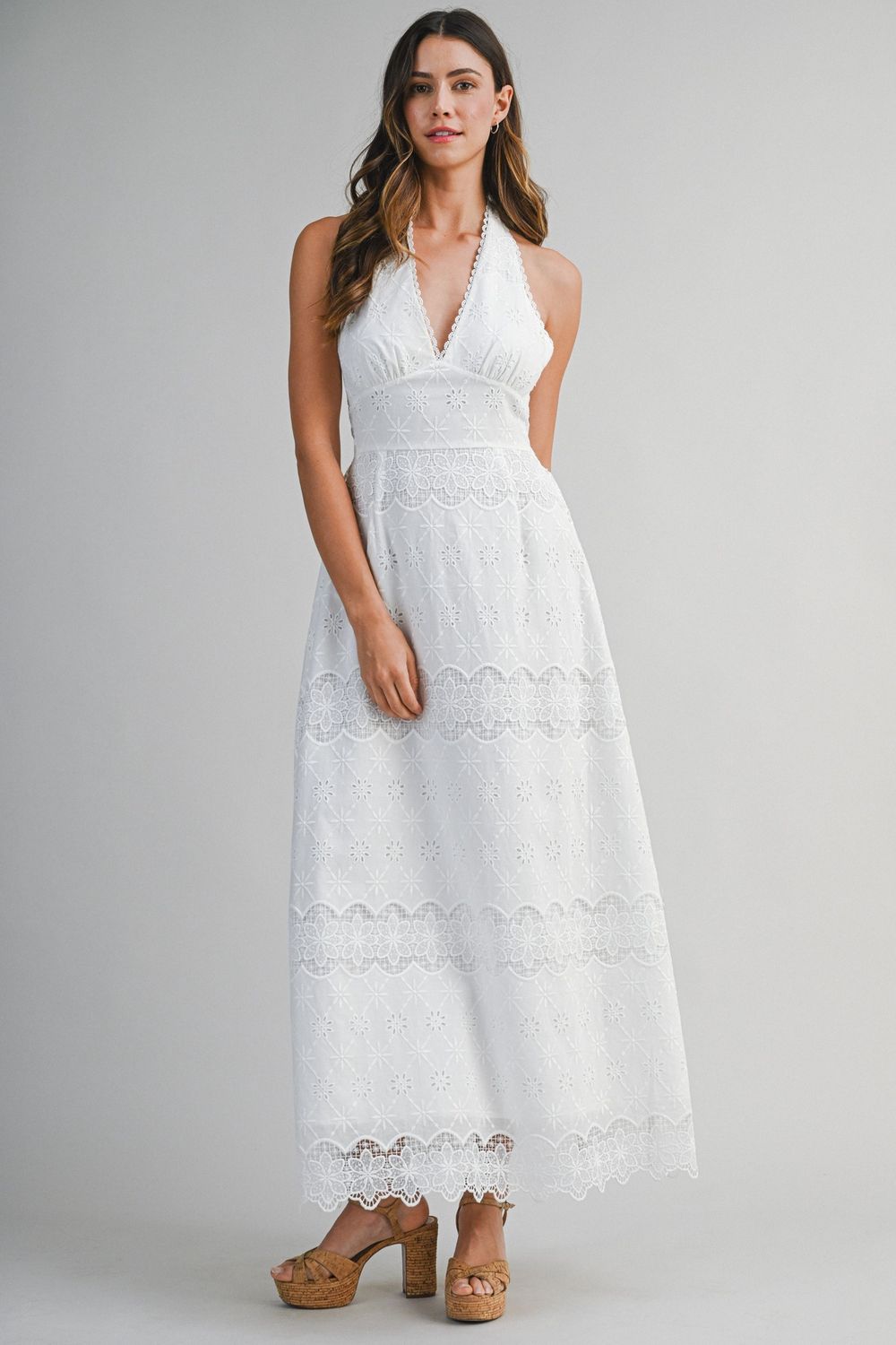 Floral Eyelet Detail Halter Maxi Dress - Off White