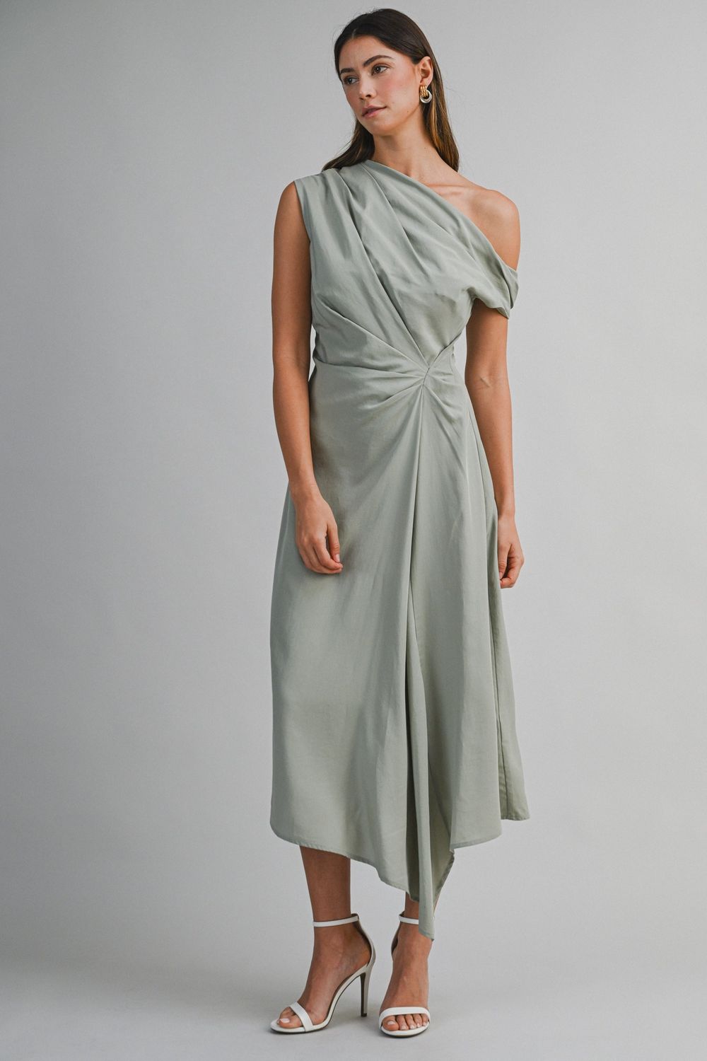 Asymmetric One Shoulder Midi Dress - Dark Sage