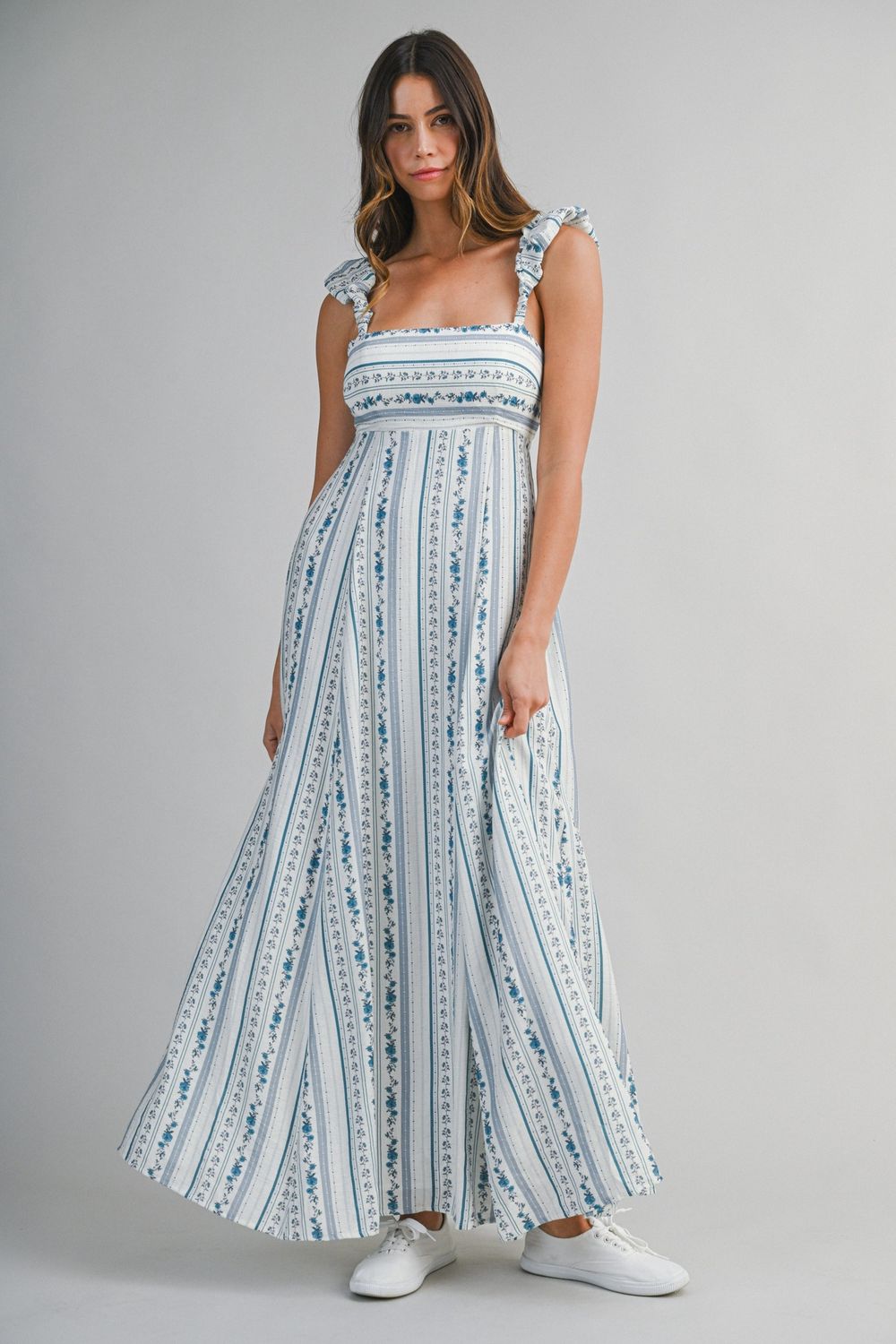 Floral Stripe Ruffle Strap Maxi Dress - Blue Multi