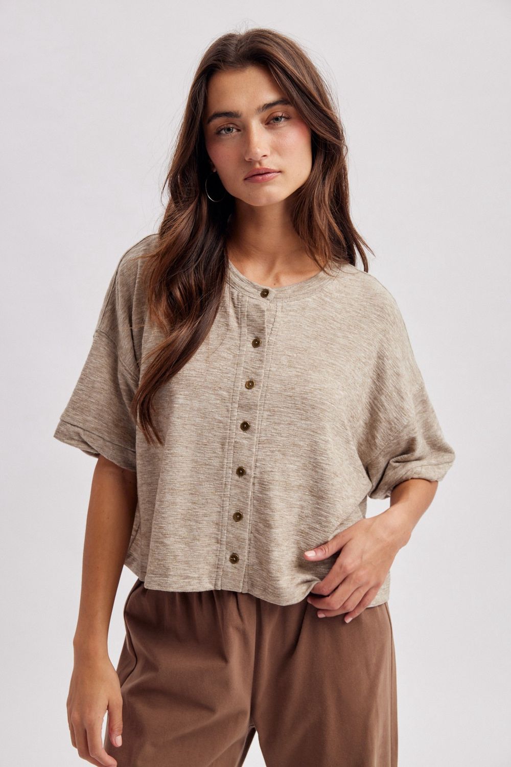 Shannon Short Sleeve Button Down Top - Mocha