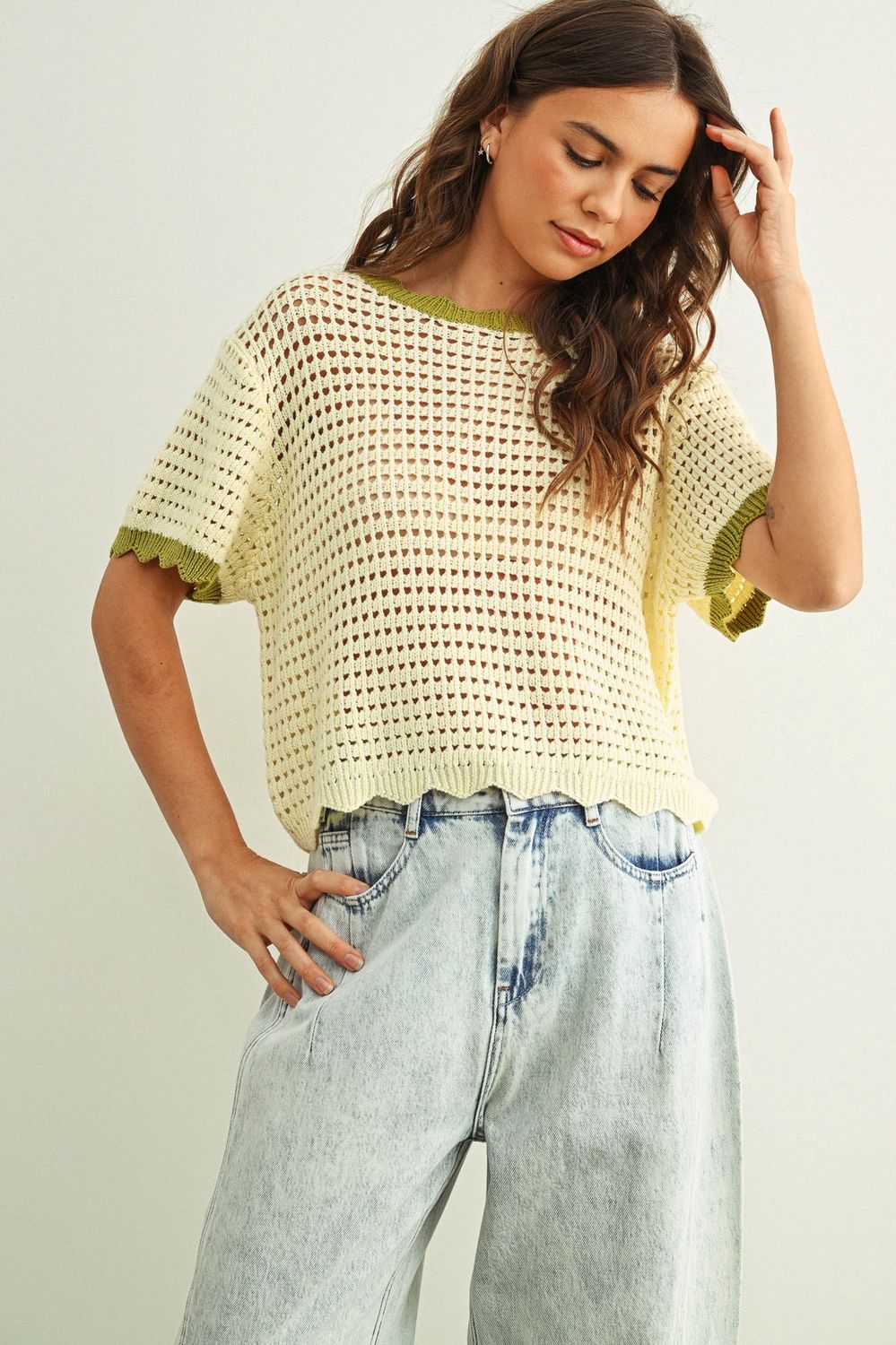Scalloped Detail Knit Top - Cream/ Sage