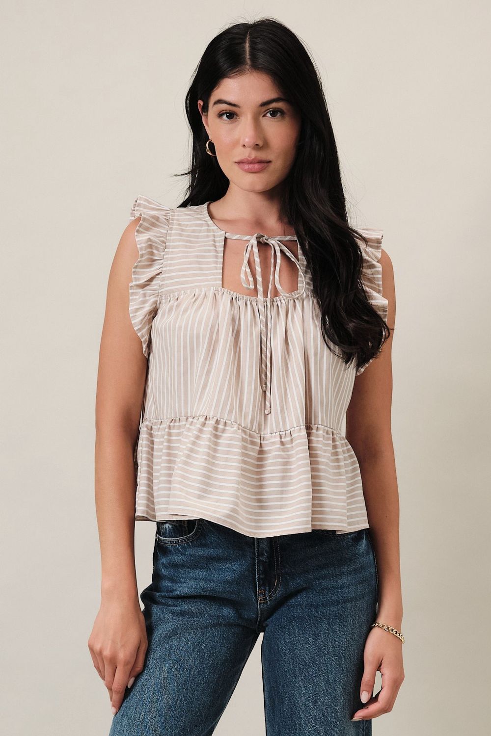 Laura Striped Short Sleeve Top - Khaki / Ivory