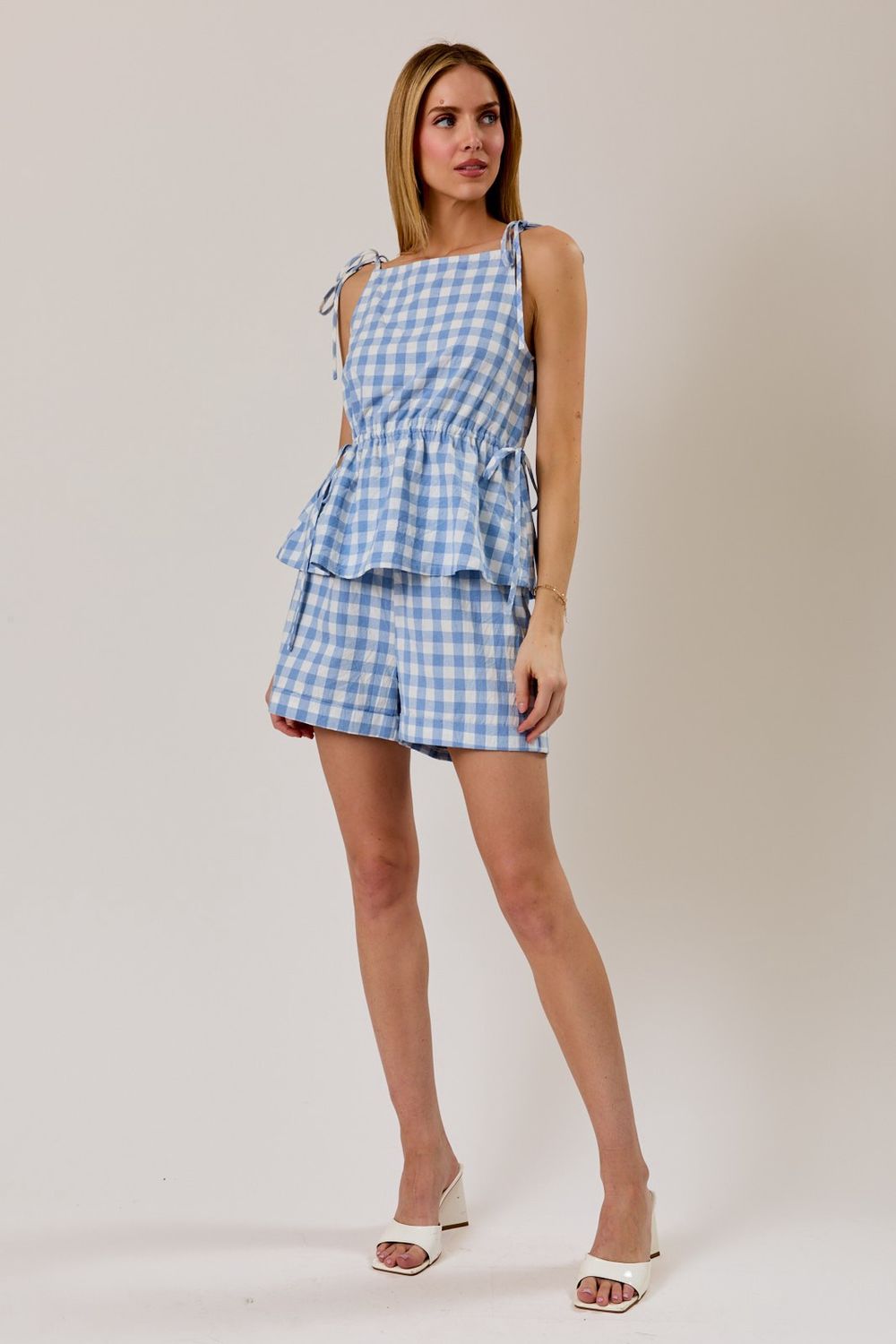 Marie Gingham Sleeveless Short Set - White / Blue