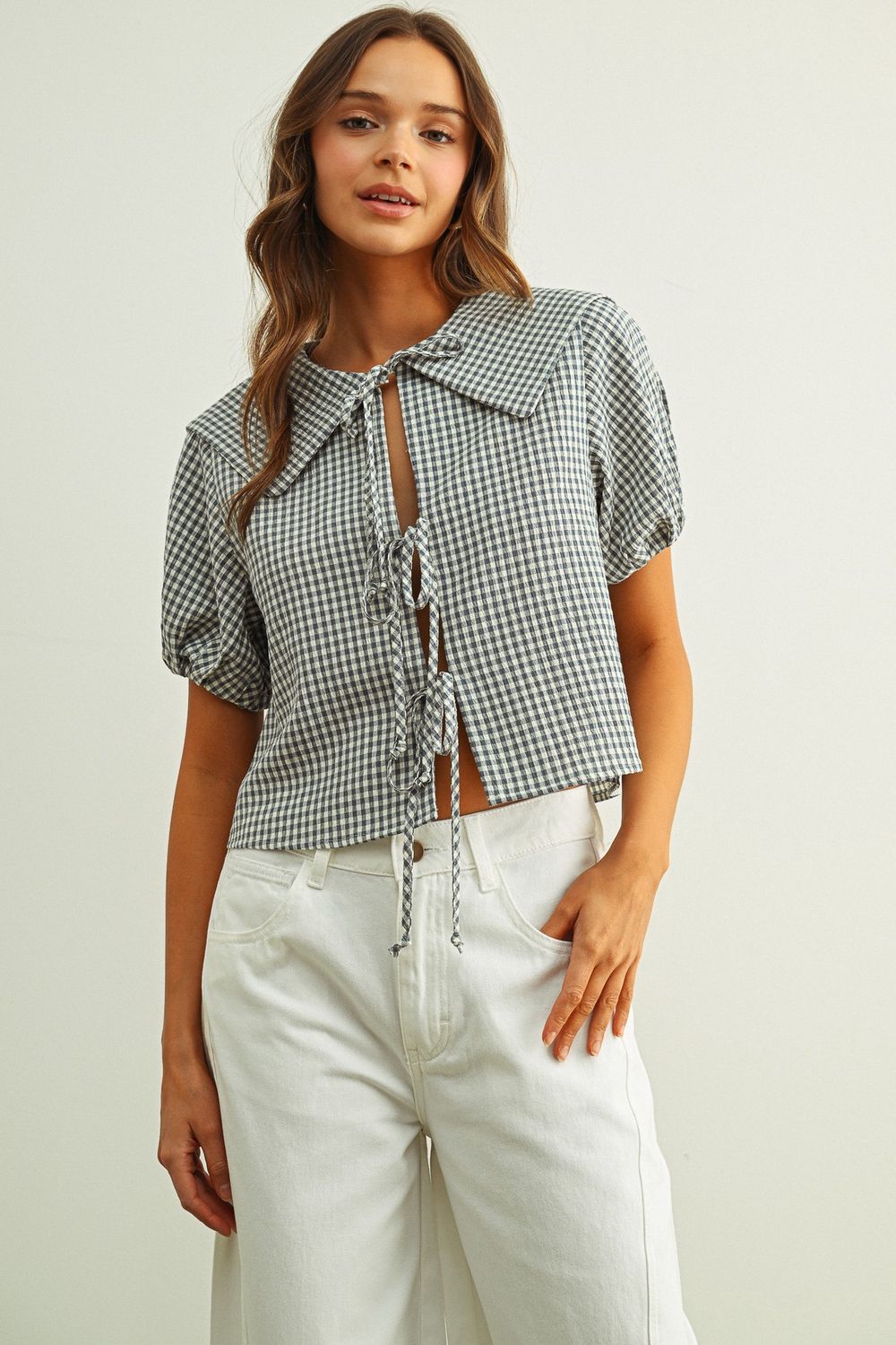 Gingham Front Tie Short Sleeve Top - Blue