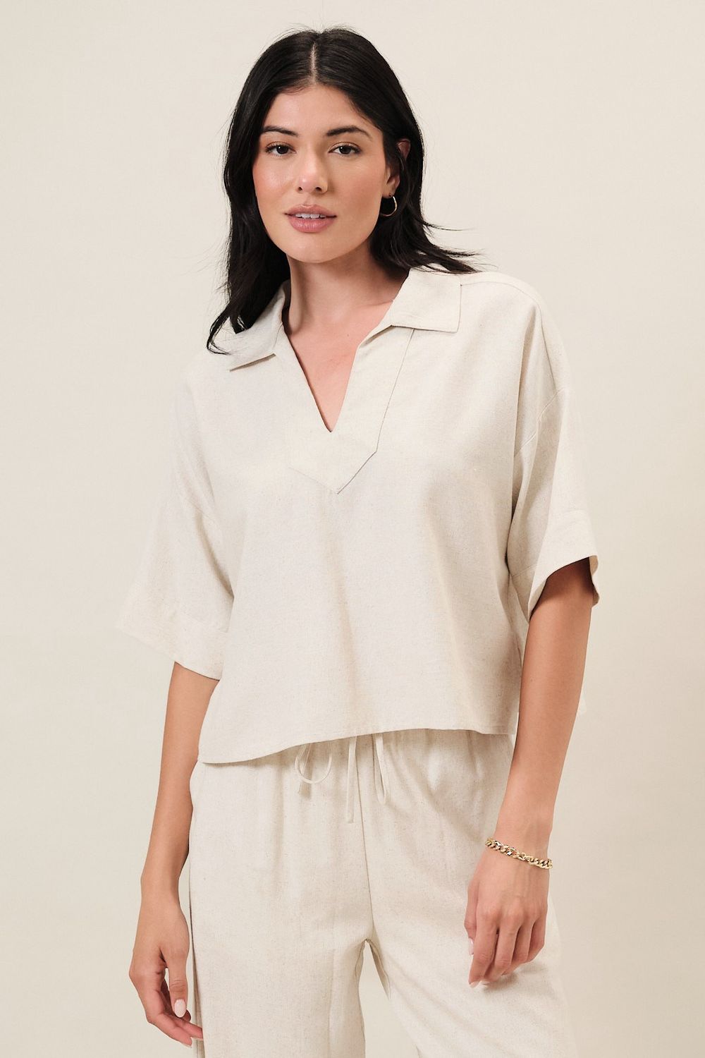 Laura Striped Collared Short Sleeve Top - Ivory / Taupe