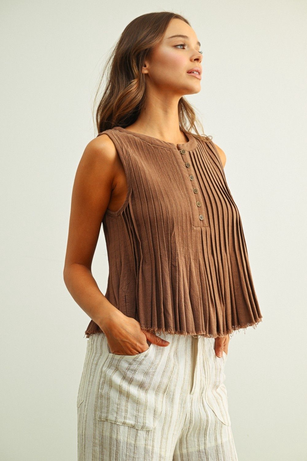 All Pleated Sleeveless Top W/ Button Detail - Mocha