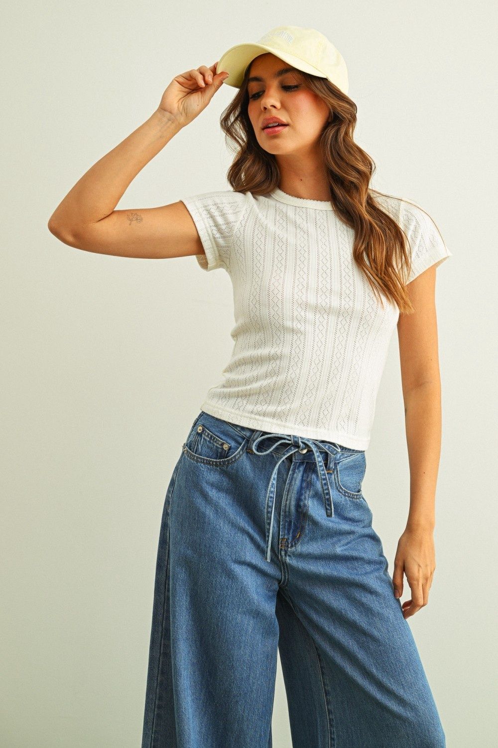 Pointelle Short Sleeve Top - White