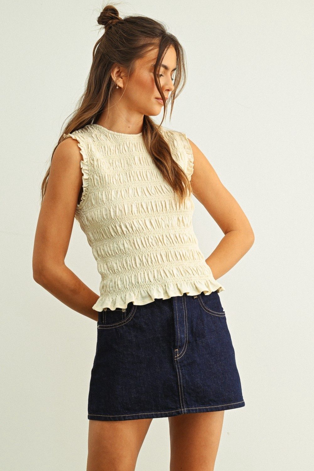 Smocking Detail Sleeveless Top - Cream