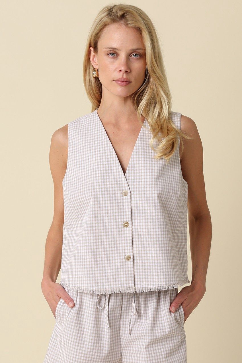 Elsie Gingham Sleeveless Button Top - Khaki White