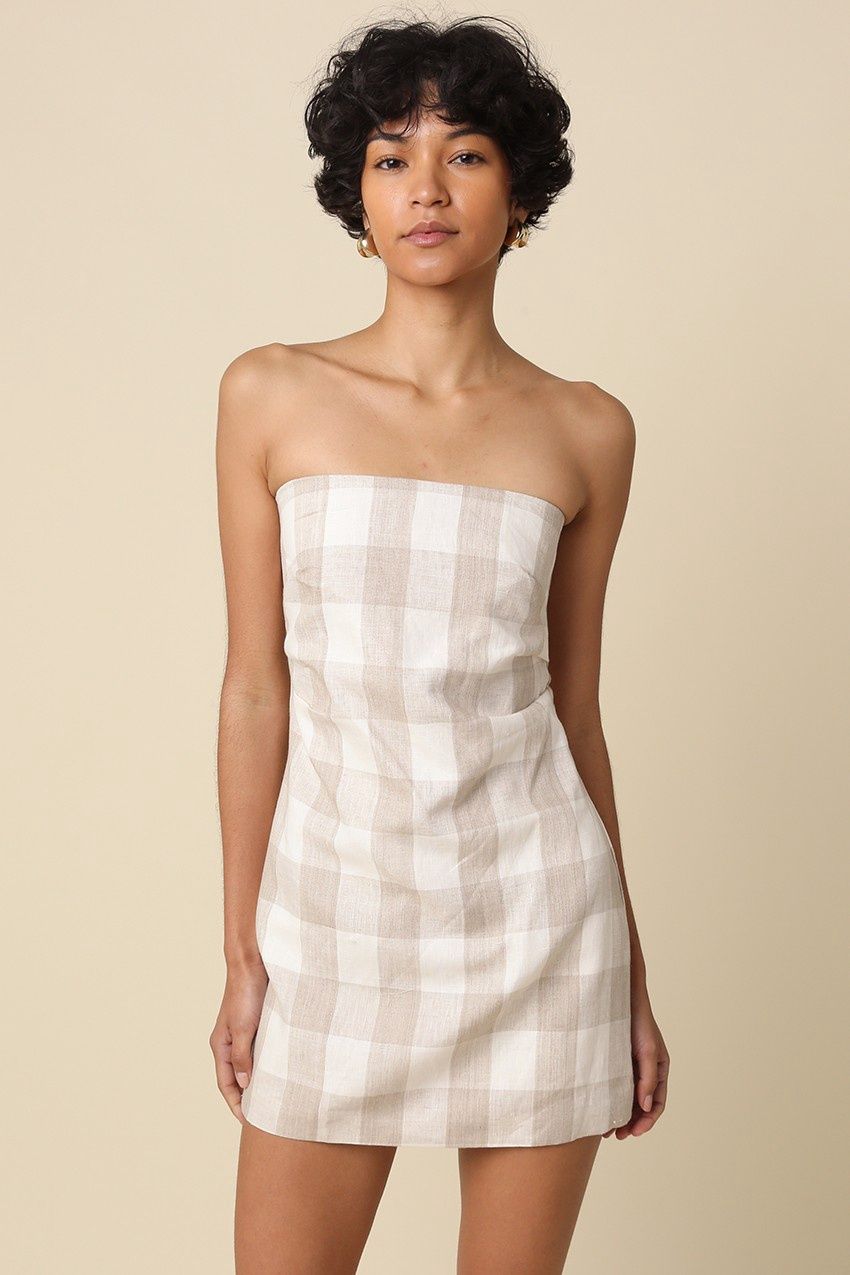 Gia Gingham Strapless Mini Dress - Kahki