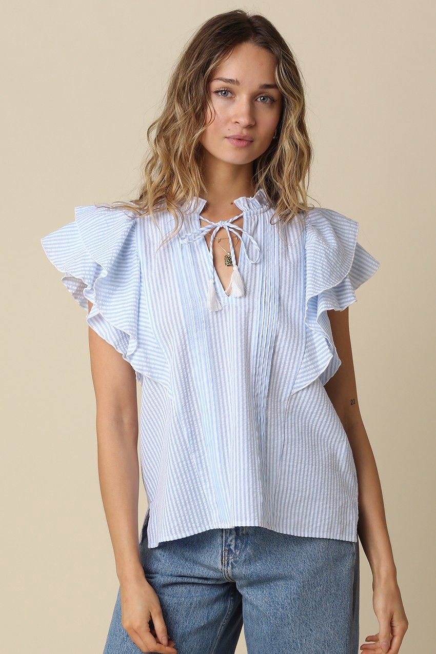 Denise Pintuck Ruffle Sleeve Top - Light Blue Stripe