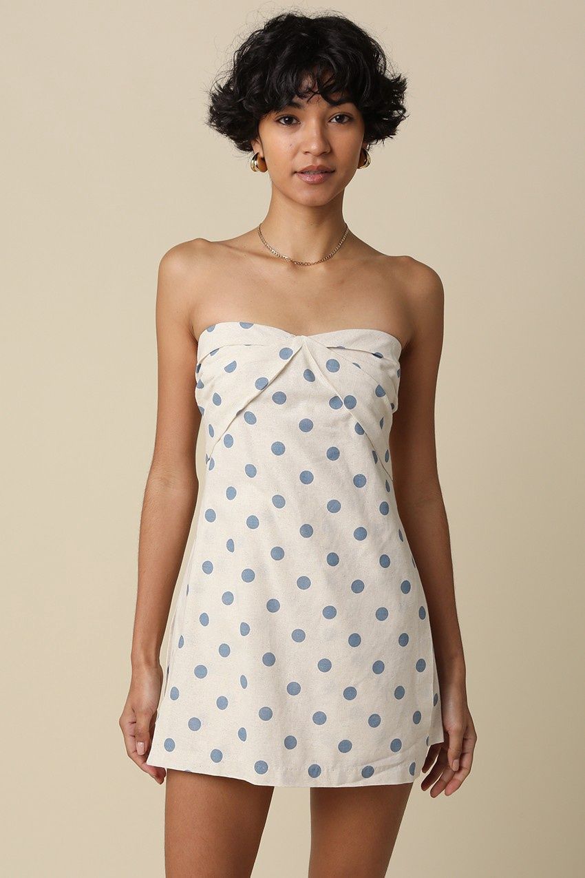Lila Polka Dot Strapless Romper - Oatmeal Blue