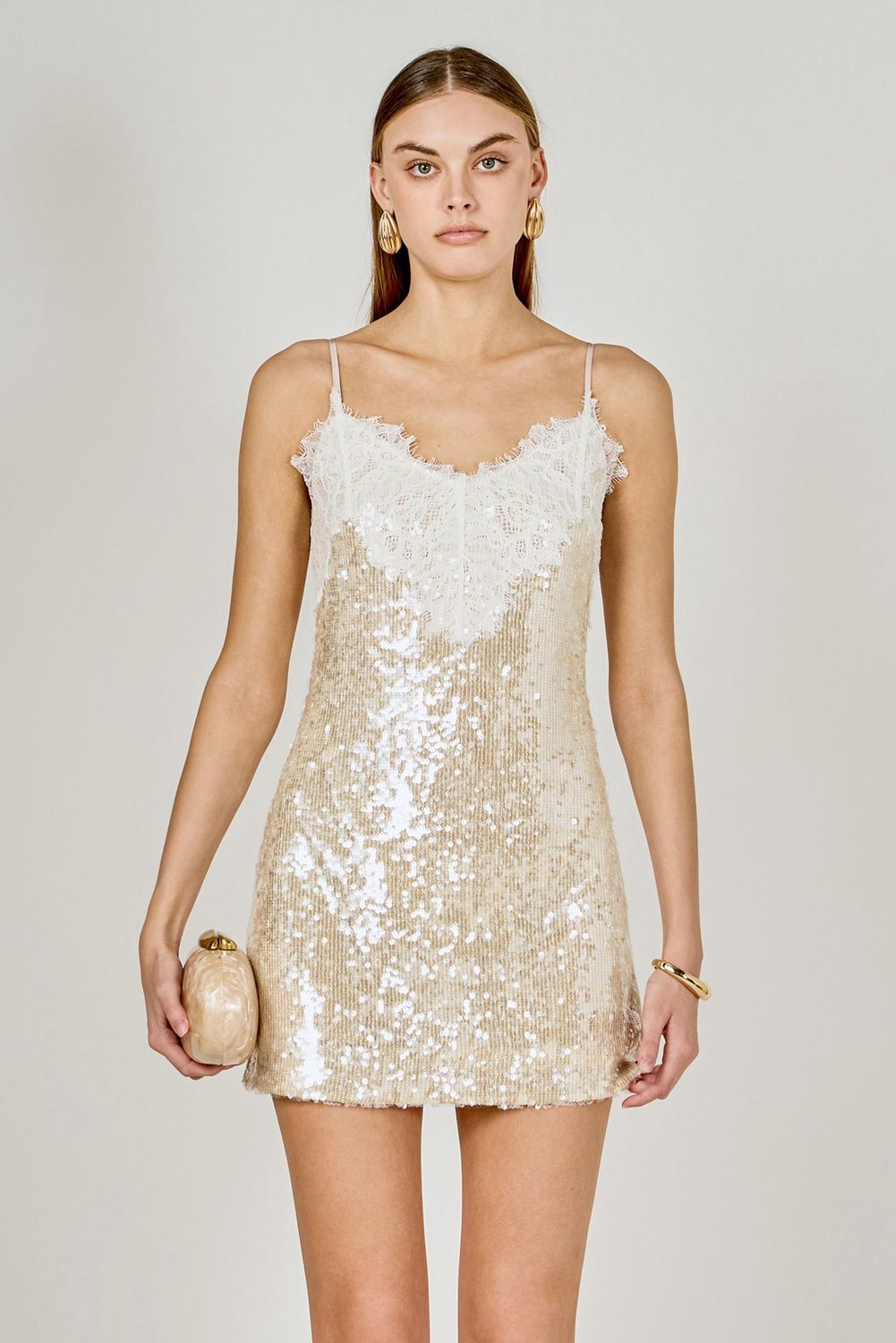 Sequin Lace Detail Mini Dress - Nude