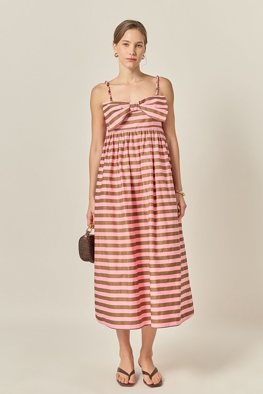 Bow Detail Babydoll Striped Midi Dress - Pink/ Brown