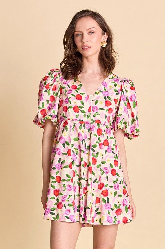 It's Time Floral Short Sleeve Mini Dress - Cream Multi