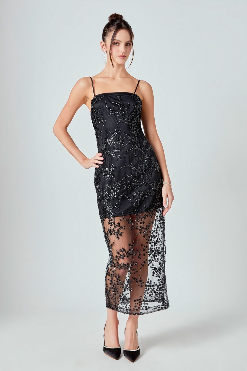 Sequin Lace Overlay Midi Dress - Black