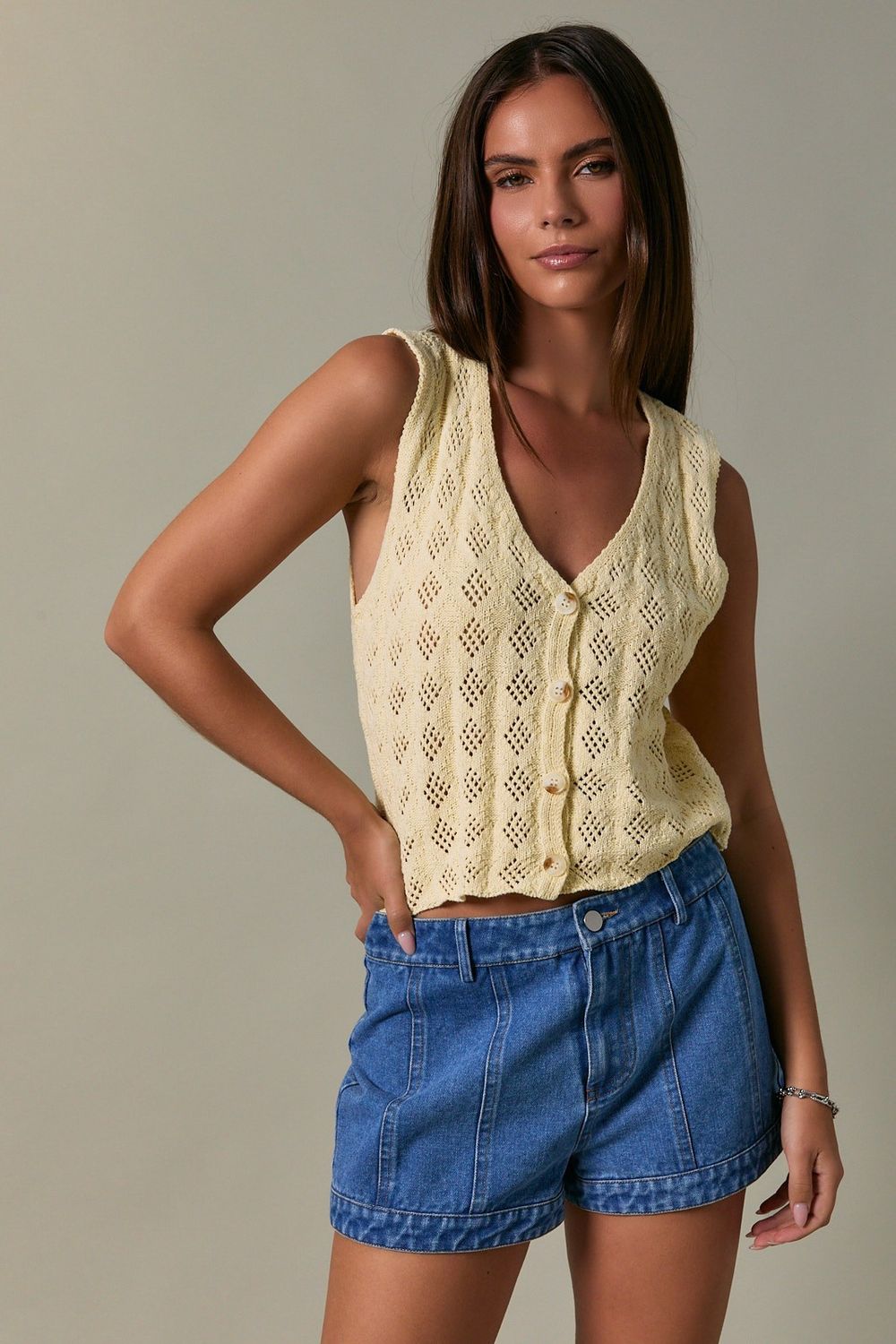 V-Neck Crochet Vest - Light Yellow