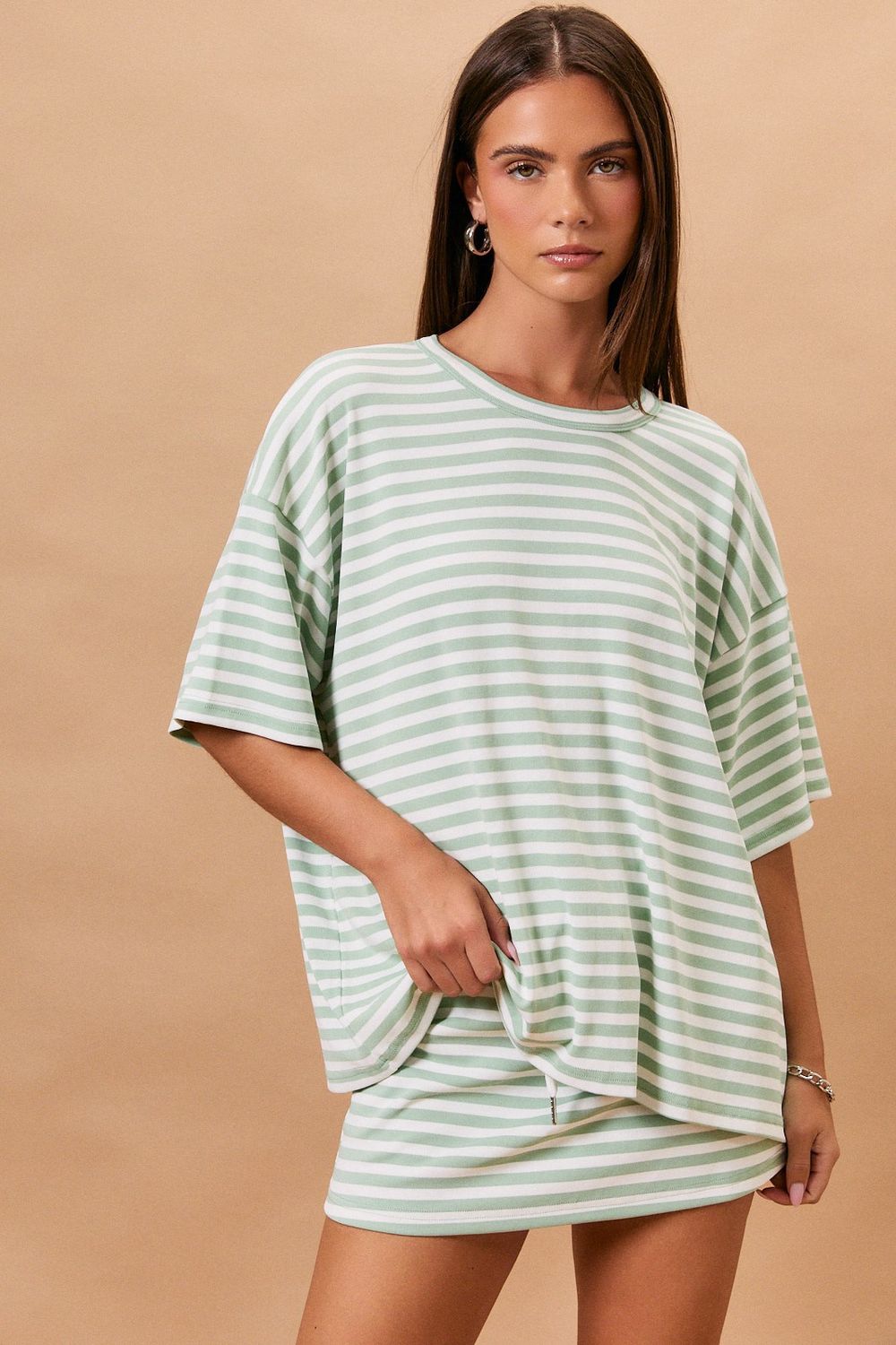 Luna Short Sleeve Oversized Top - Sage/ White Stripe
