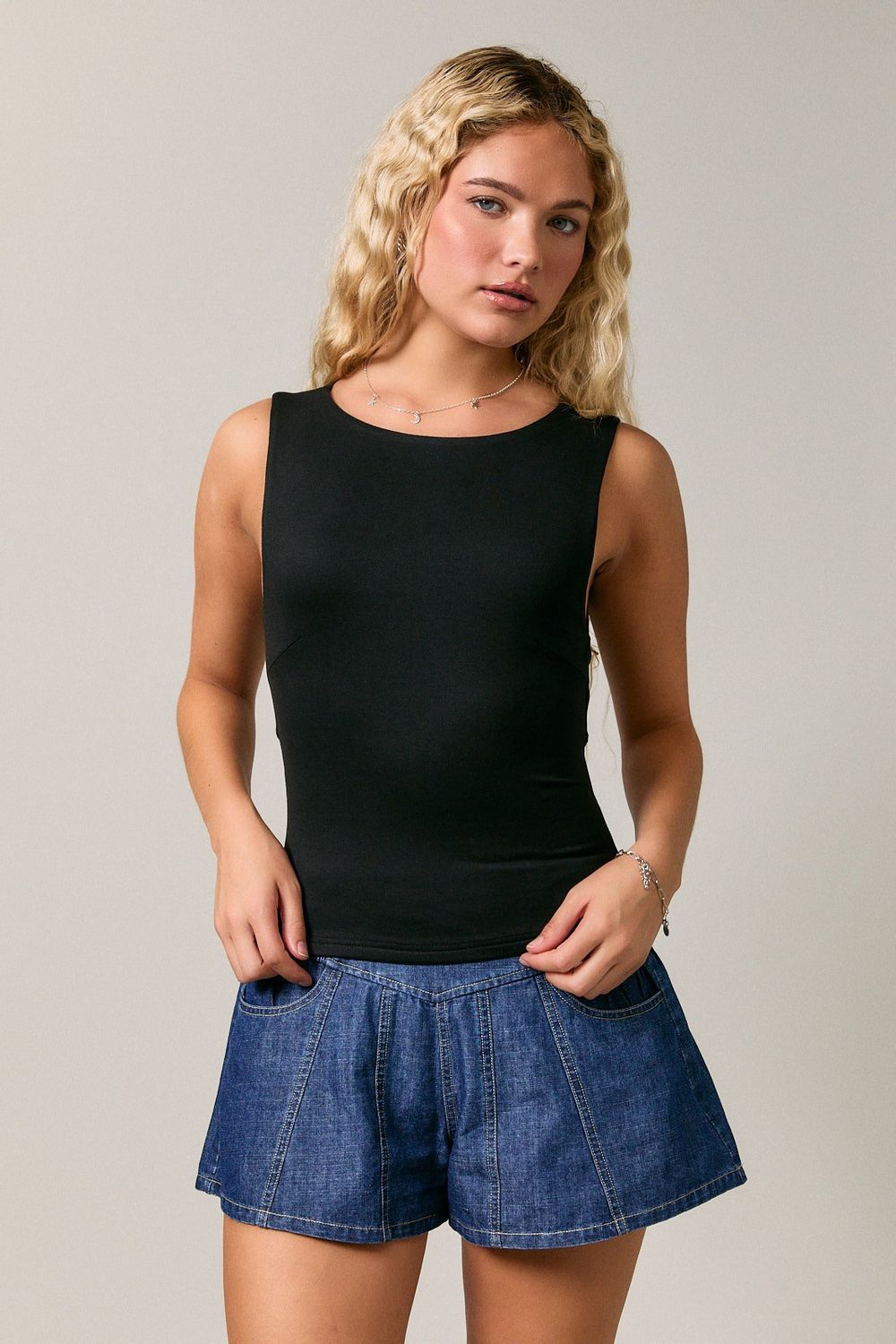 Sleeveless High Neck Cowl Back Detail Top - Black