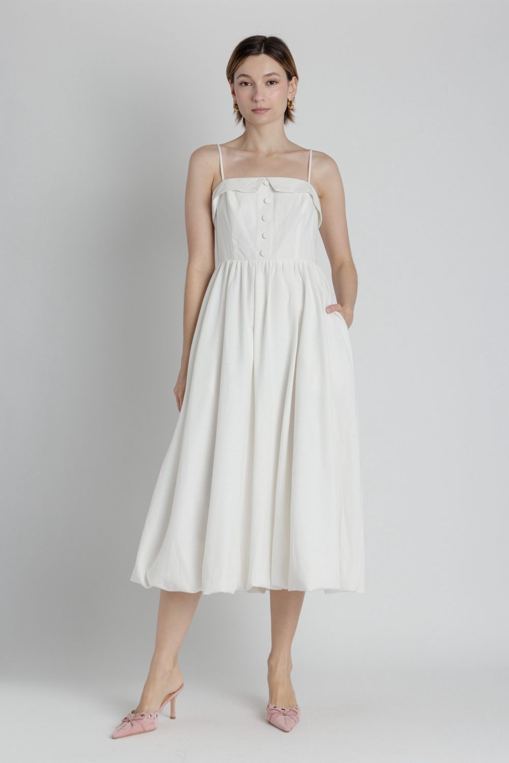 The Lila Bubble Hem Midi Dress - White