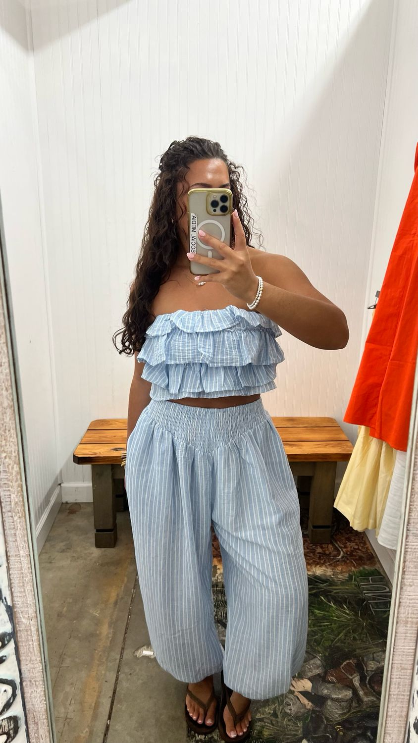 Bonnie Striped Strapless Top / Pant Set - Blue