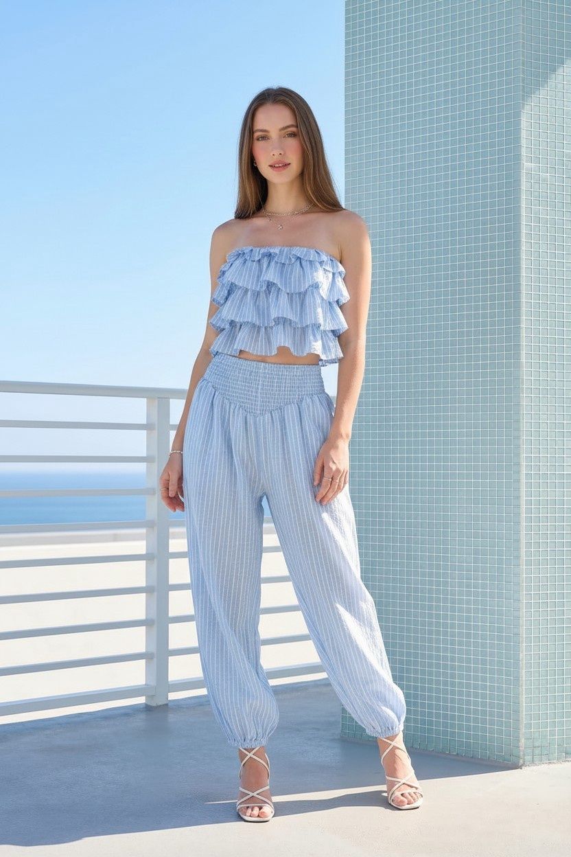Bonnie Striped Strapless Top / Pant Set - Blue