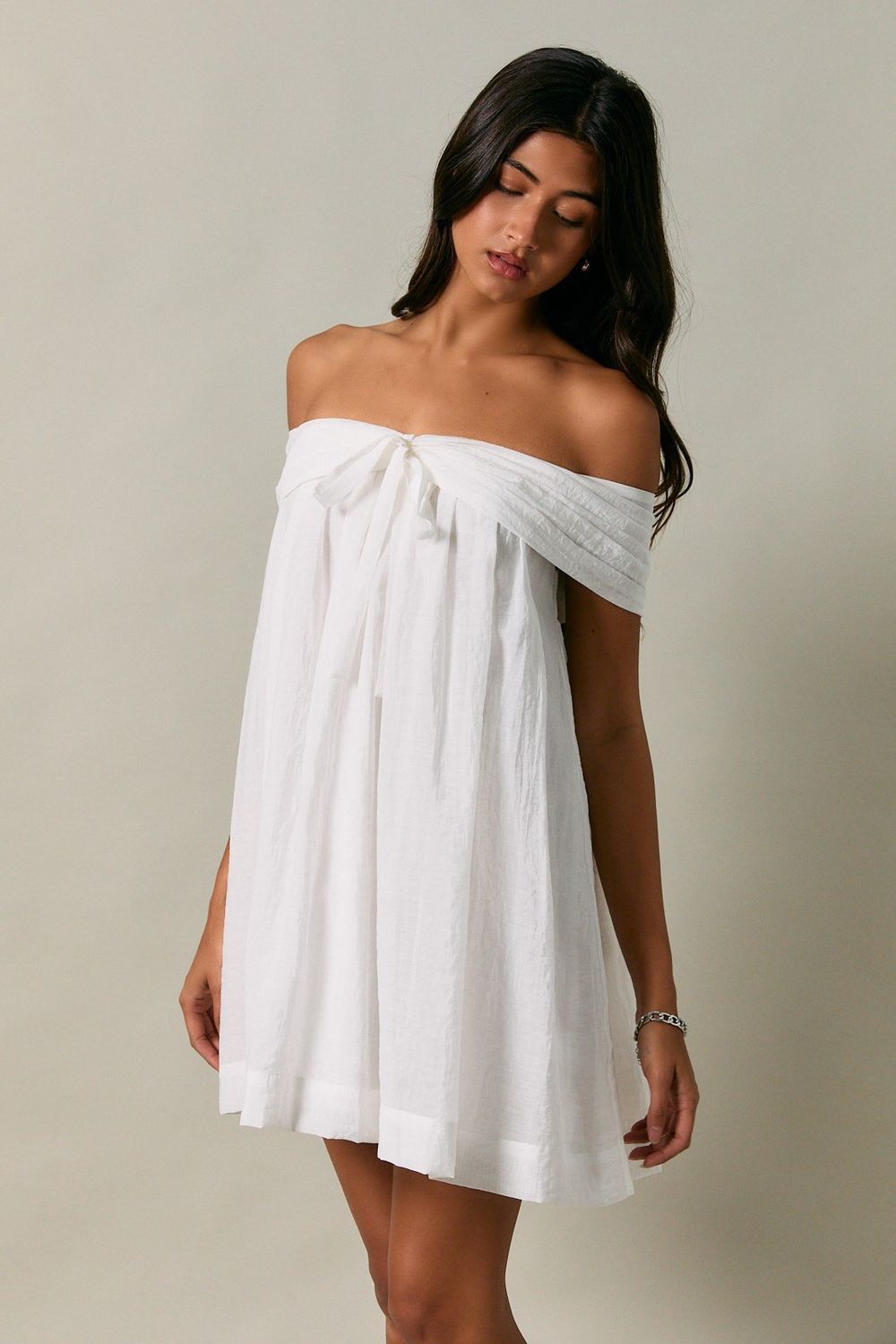 Front Bow Detail Off Shoulder Mini Dress - White