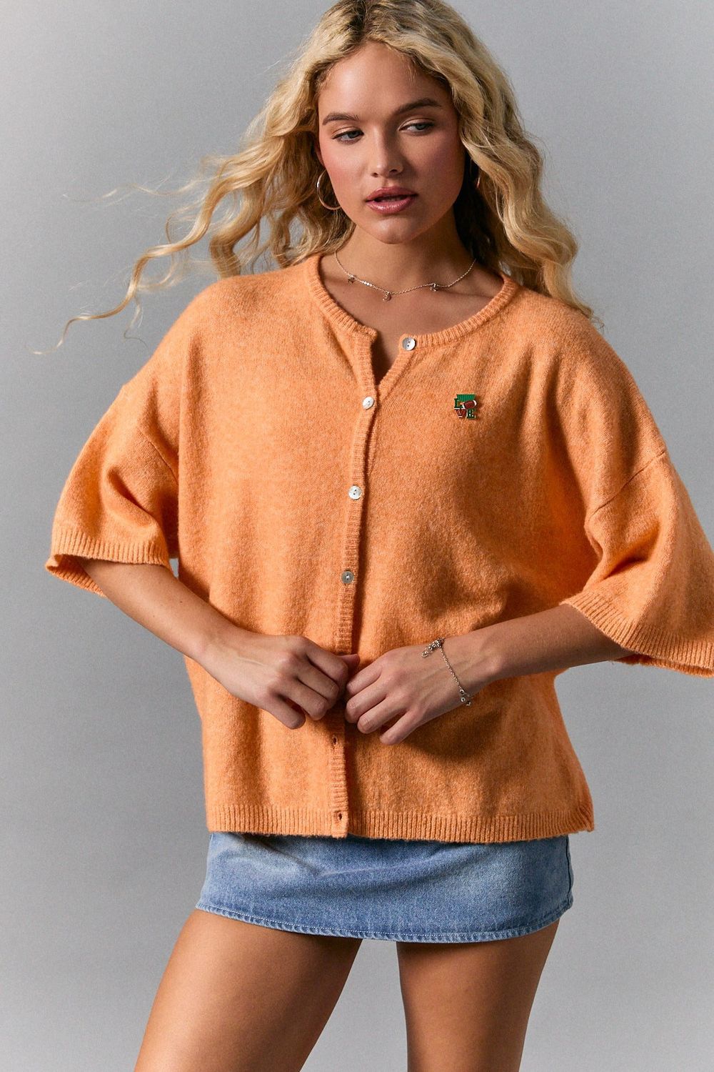 Short Sleeve Crew Neck Sweater Cardigan - Orange