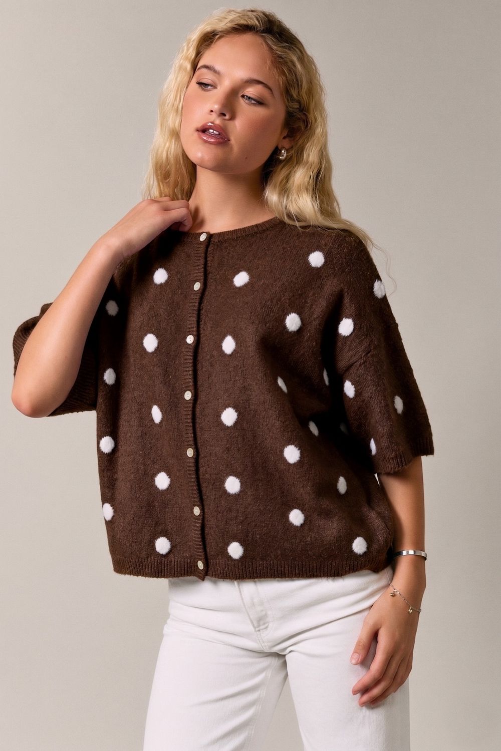Just To Clarify Short Sleeve Cardigan - Brown/ White Dot