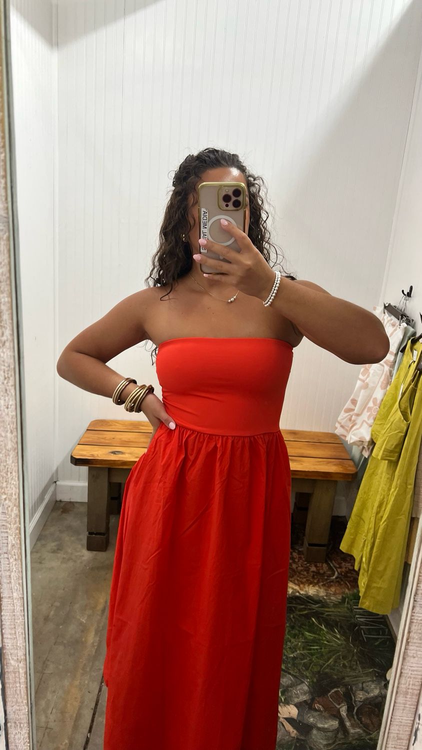 Sunsought Strapless Midi Dress - Lychee