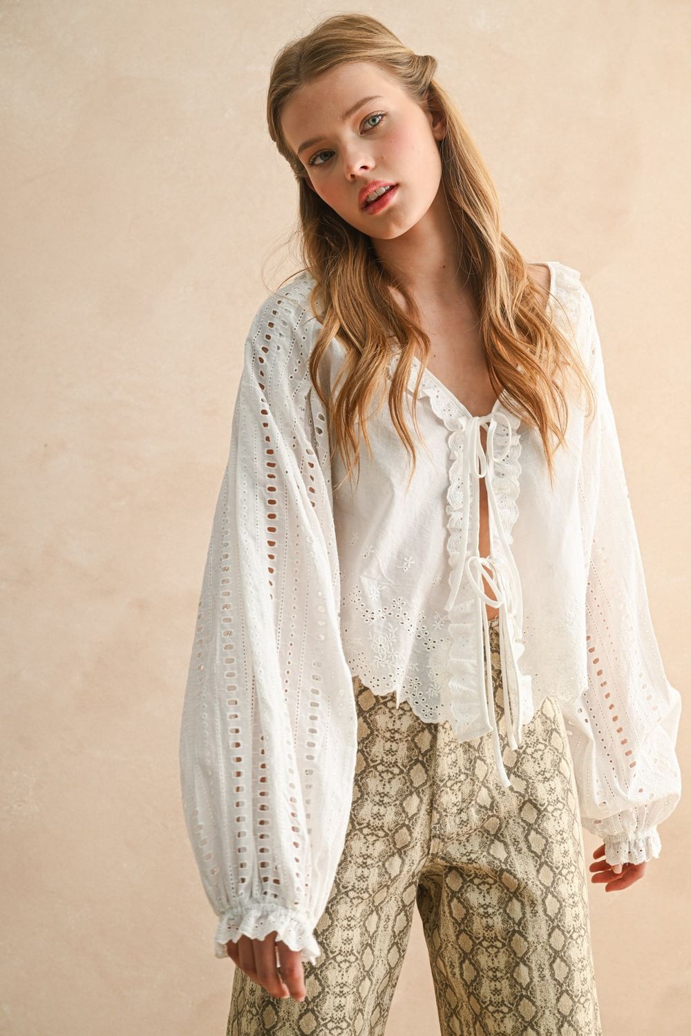 Timeless Front Tie Long Sleeve Top - White