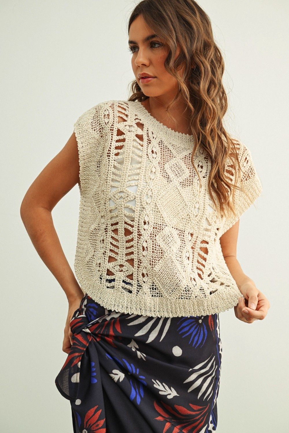 Crochet Sleeveless Knit Top - Beige