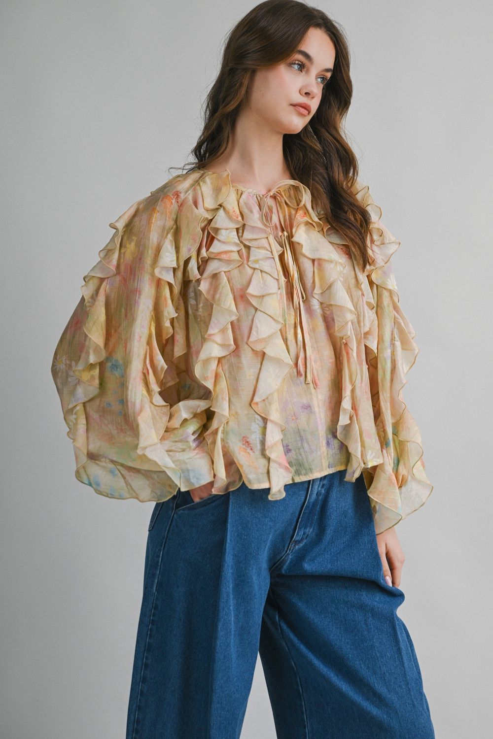 Sheer Ruffle Detail Floral Long Sleeve Top - Dijon Multi