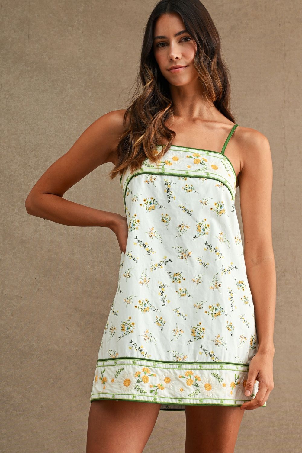 Ella Floral Detail Mini Dress - Green Mutli