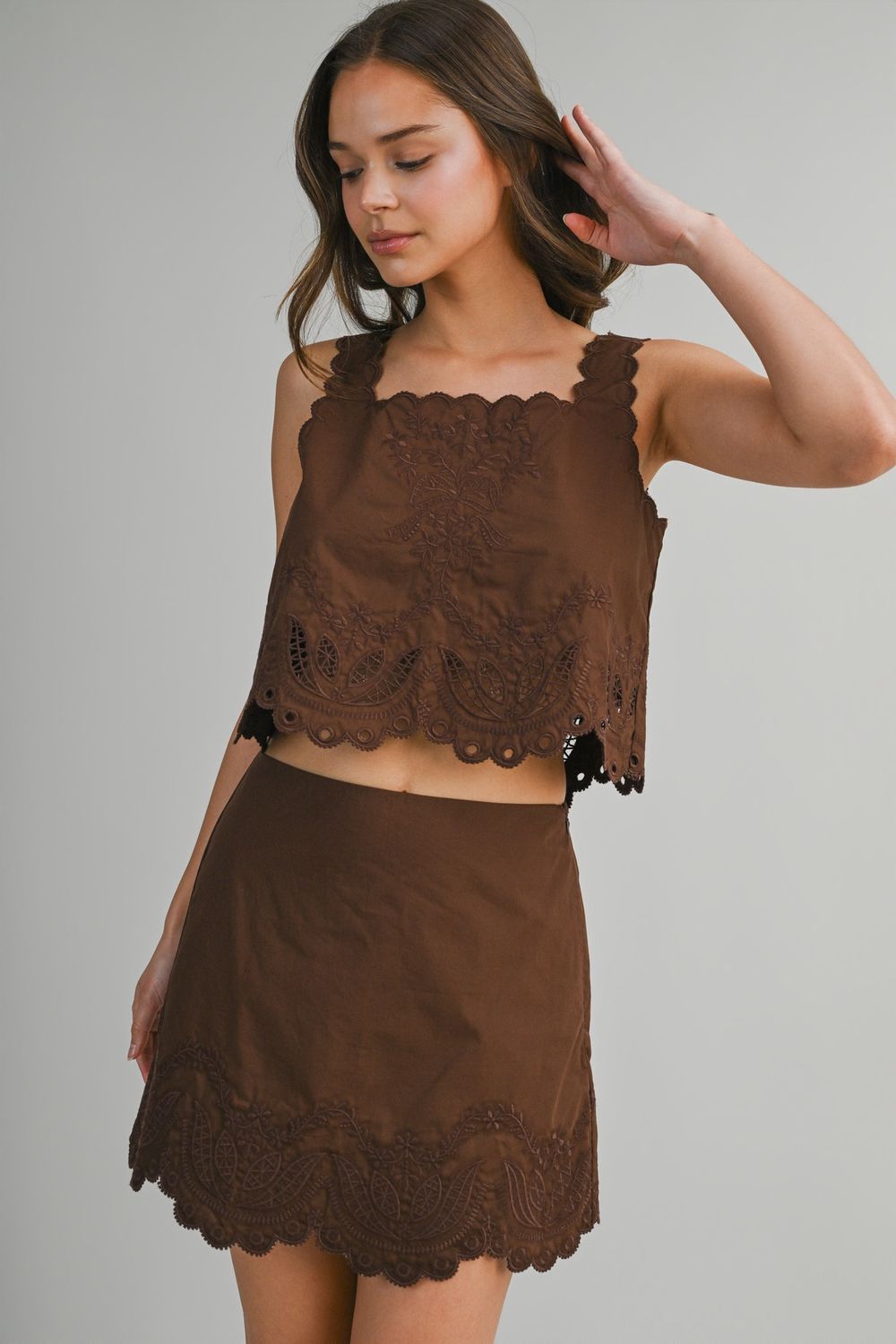 Want This Embroidered Skirt Set - Chocolate Brown