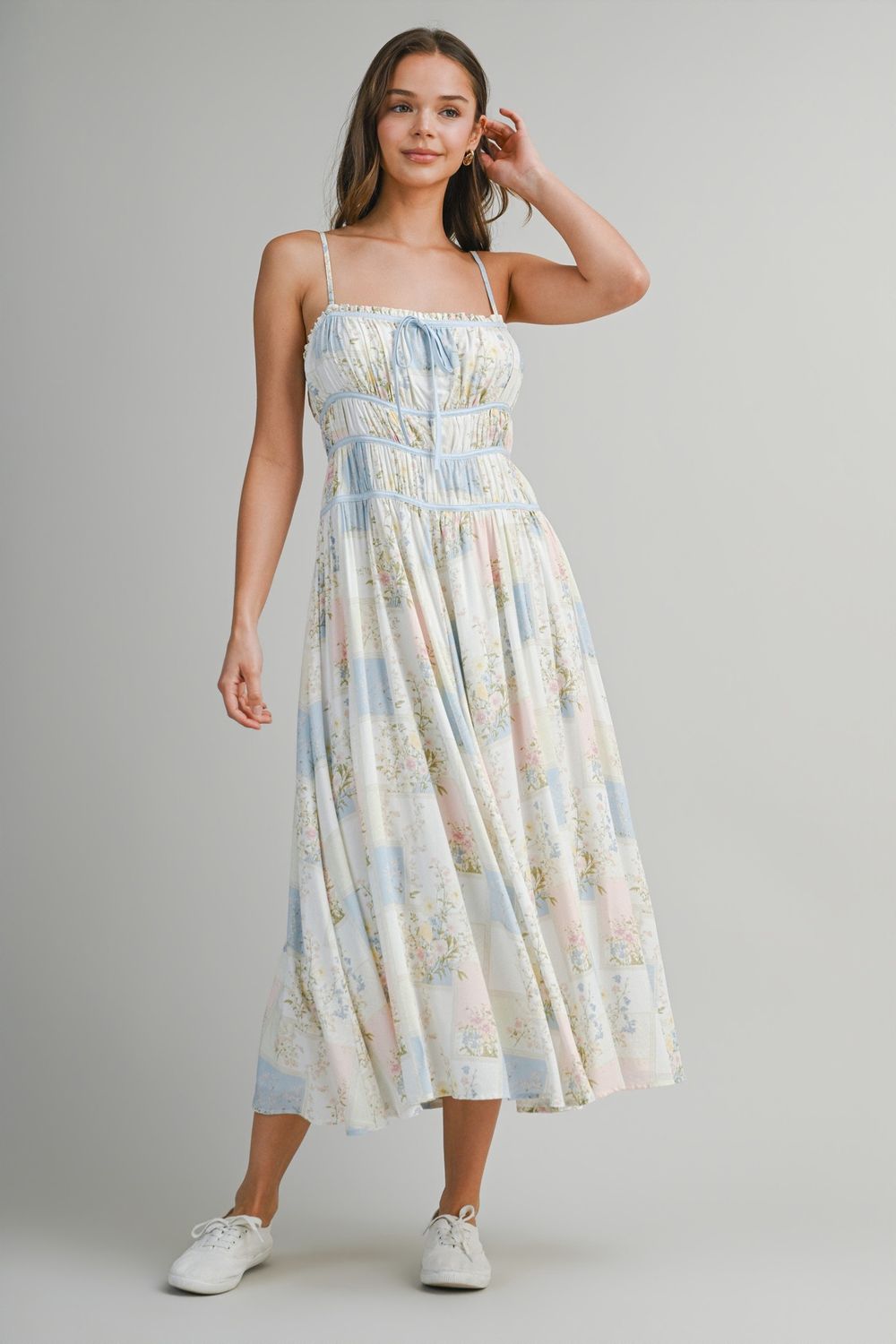Wind Open Patch Work Midi Dress - Blue Multi