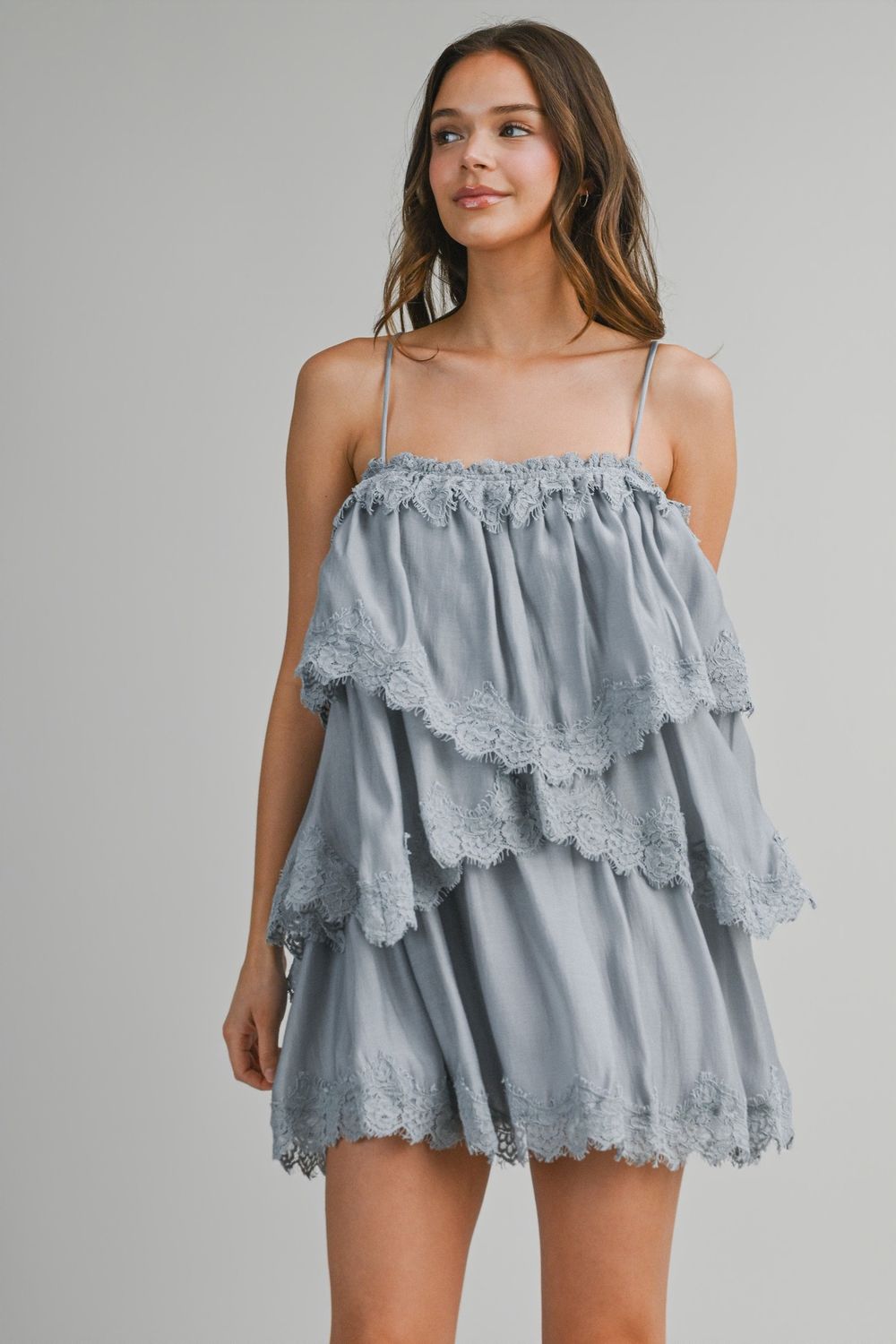 Expect More Lace Trim Mini Dress - Blue