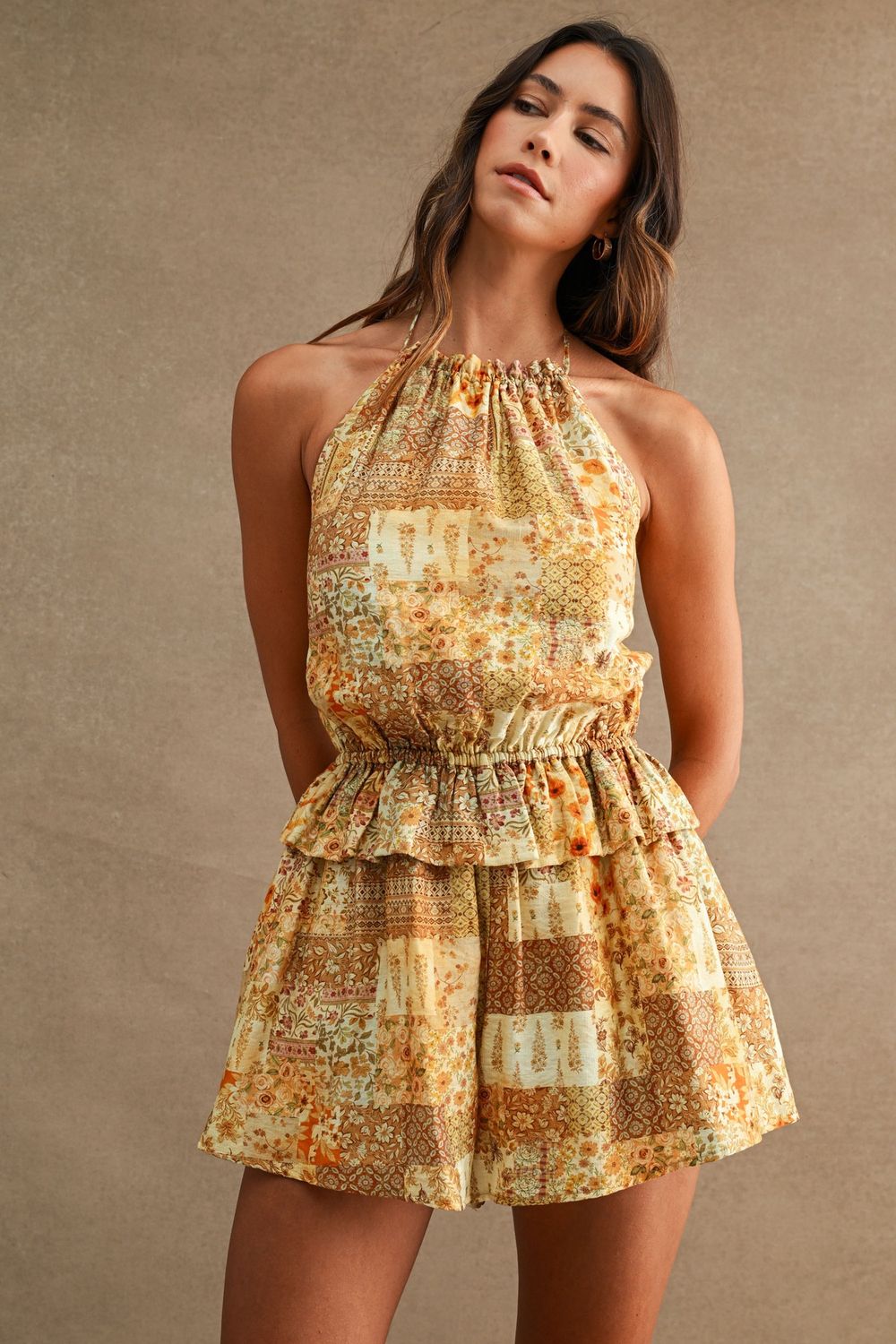 Call You Out Halter Romper - Dijon Multi