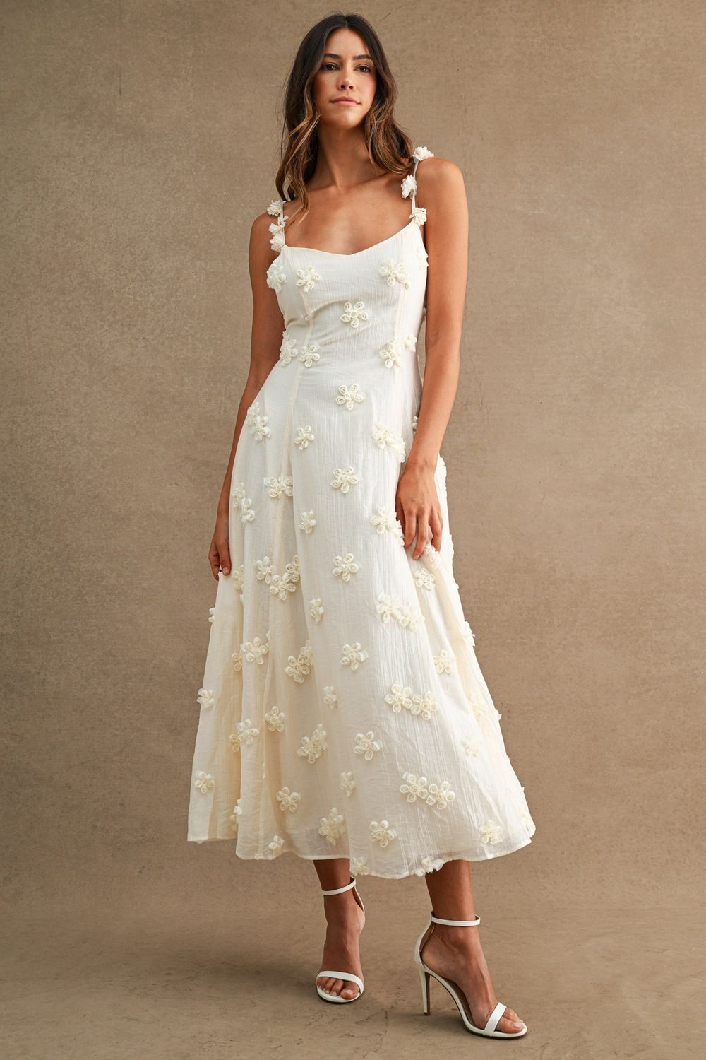 Change My Mind Floral Detail Midi Dress - Cream