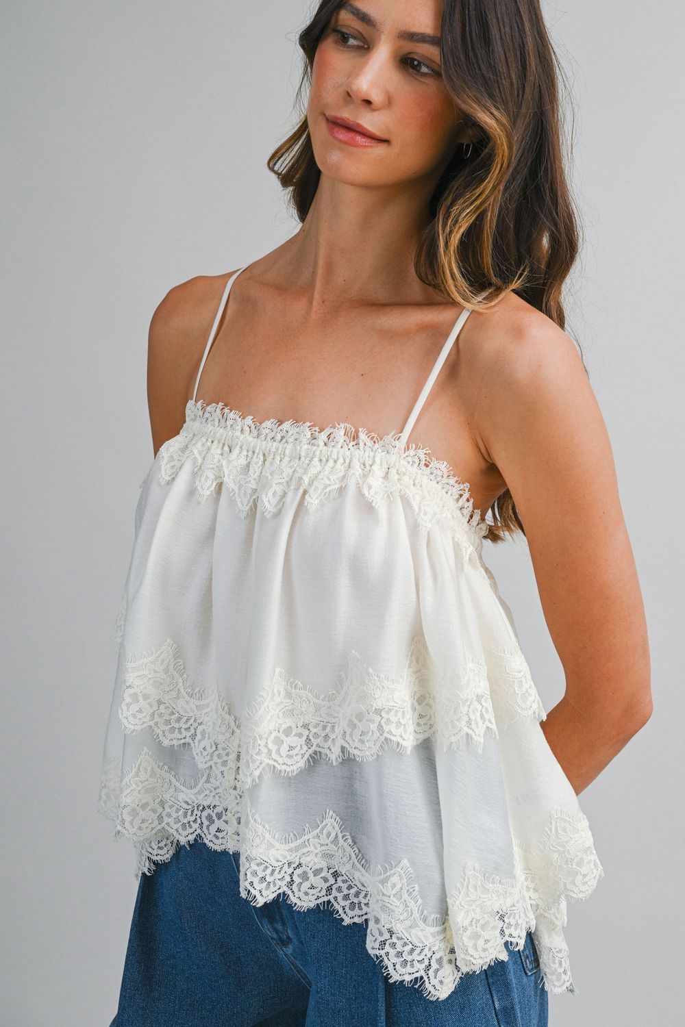 Lace Trim Cami Top - Cream