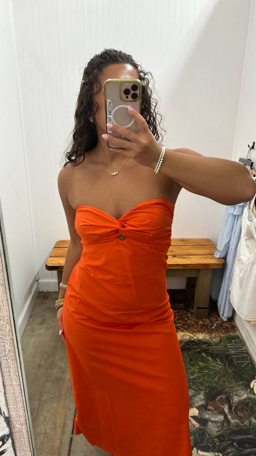 Emery Linen Front Twist Midi Dress - Burnt Orange