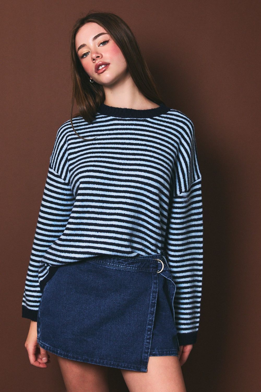 The Perfect Look Striped Sweater - Light Blue/ Navy