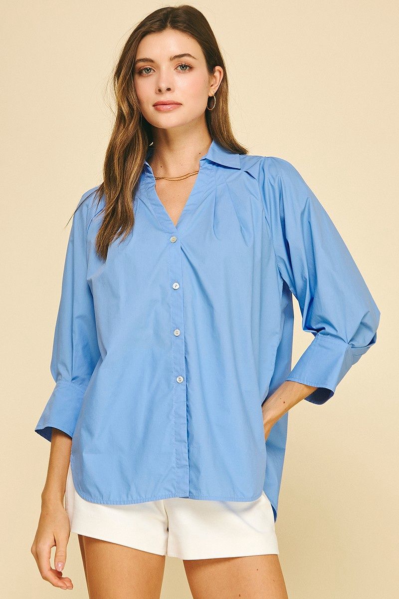 Try Your Best Collared Long Sleeve Top - French Blue