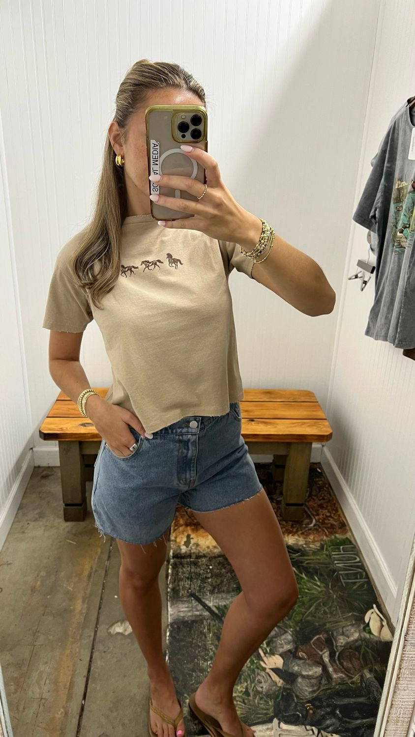 Horse Trio Graphic Short Sleeve T-Shirt - Tan