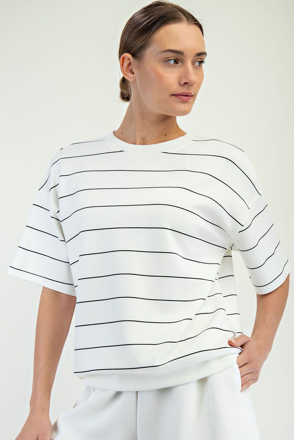 Modal Scuba Striped Short Sleeve Top - Cream/ Black