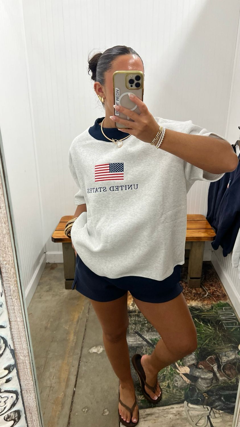 United States Flag Short Sleeve Mockneck Sweatshirt - Pearl Grey